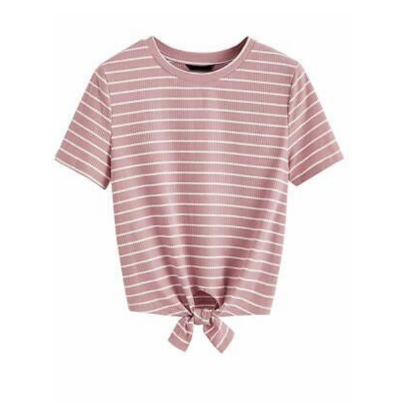SHEIN Tops - SHEIN Pink Front Knot Striped Tee